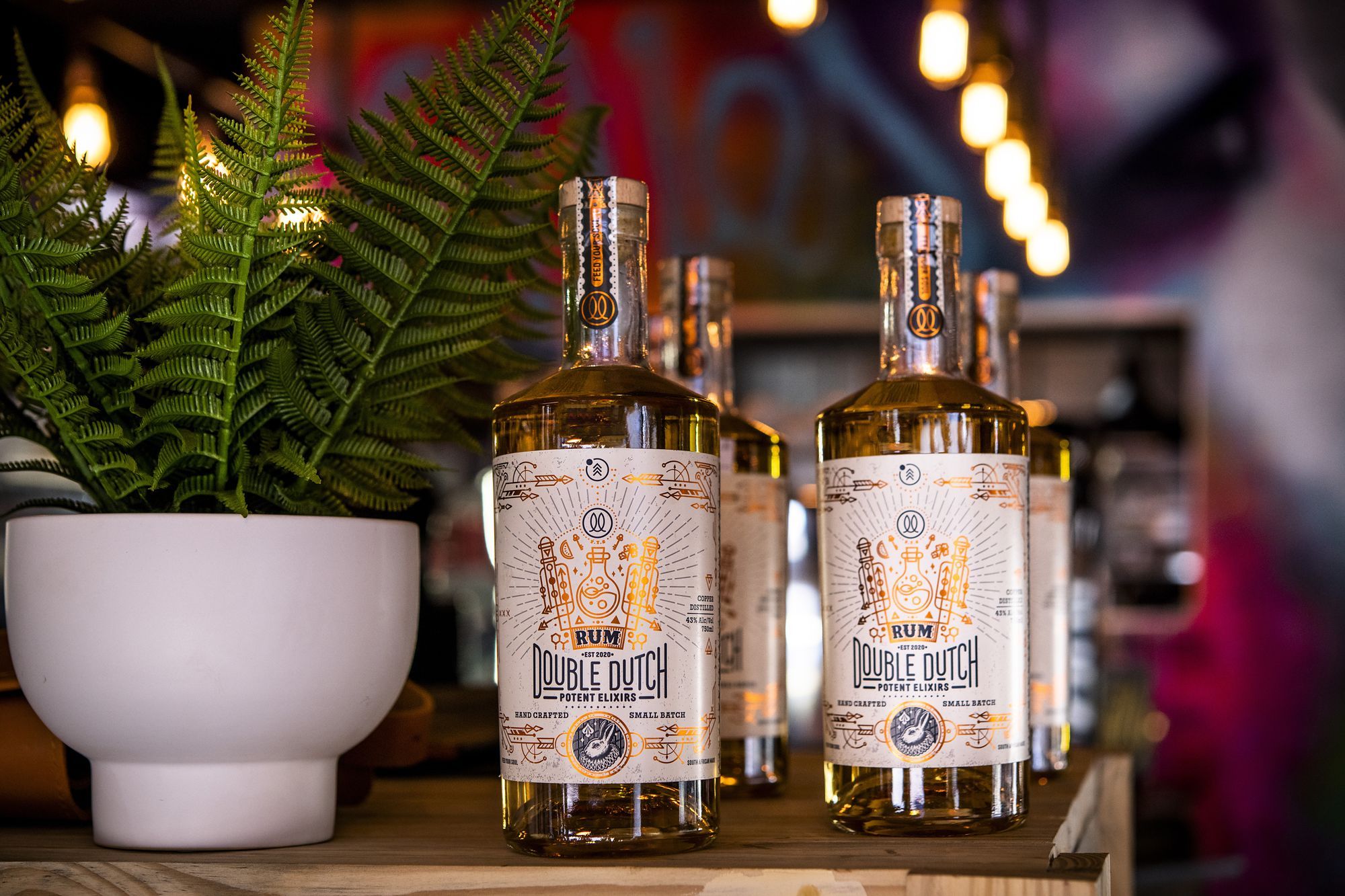 Double Dutch: Branded bottles beside a fern on the bar