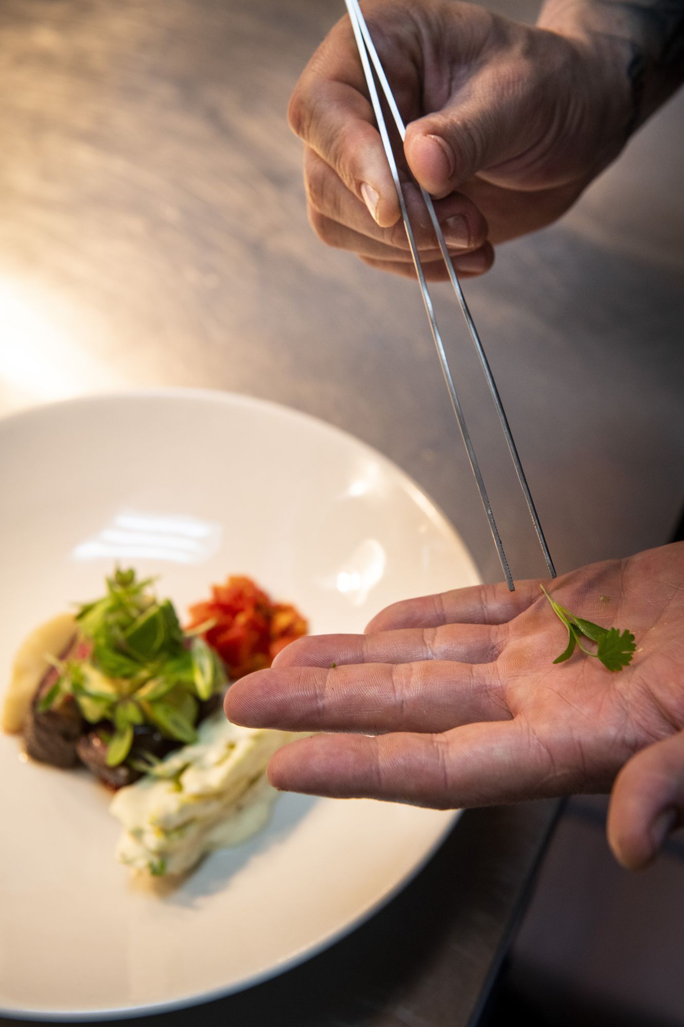 Double Dutch: Chef plating a dish with tweezers