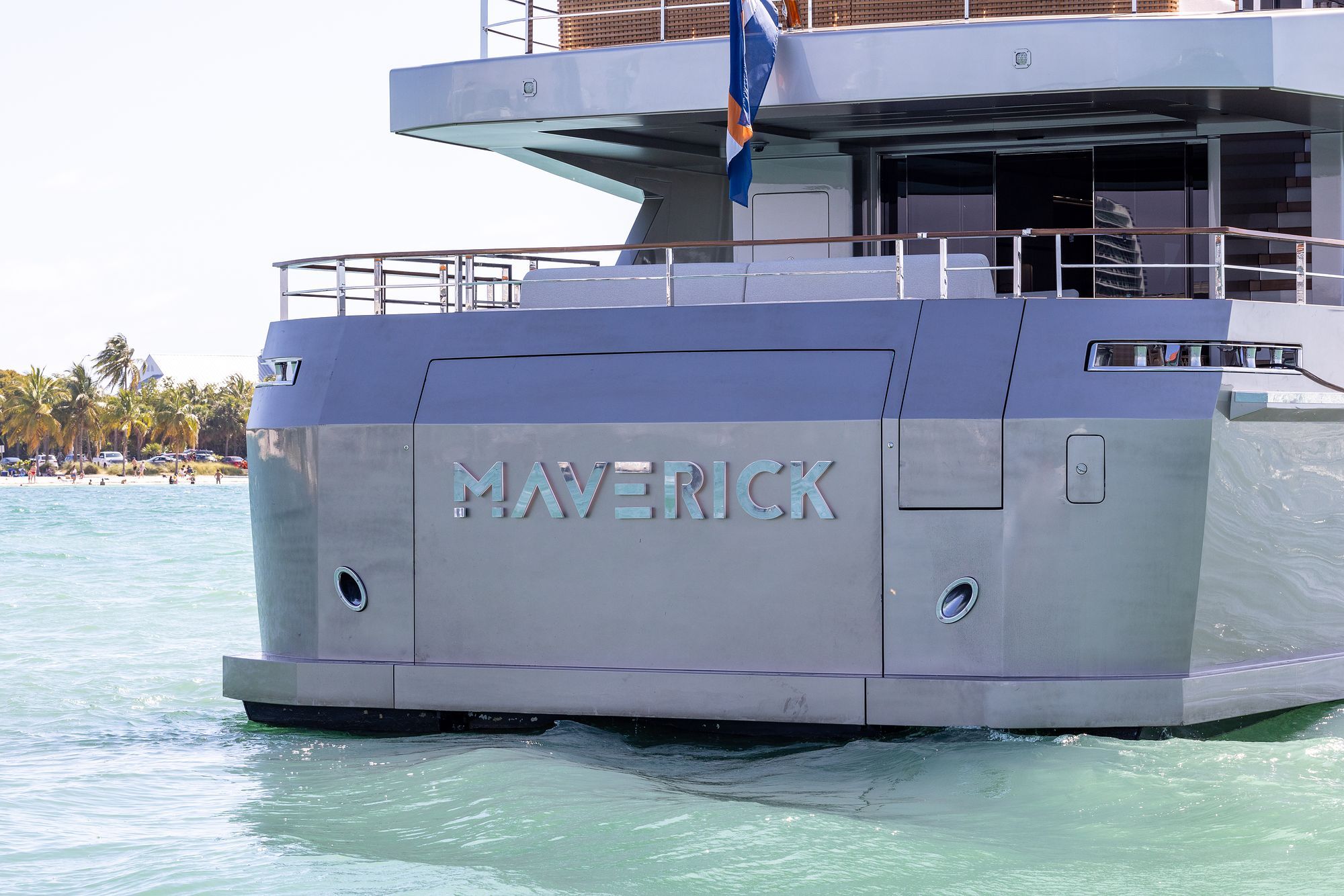 Maverick: Stern of Maverick at anchor, name on the transom