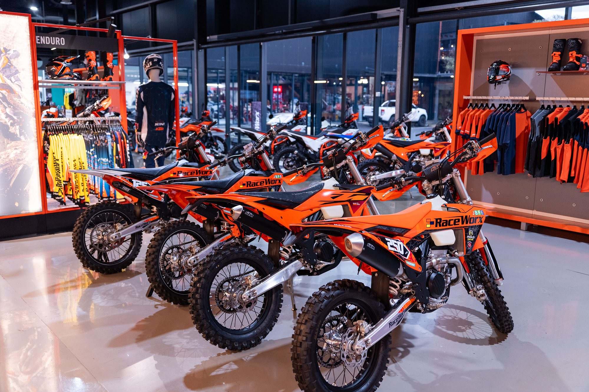 Raceworx: Wide shot of the Raceworx showroom floor lined with bikes